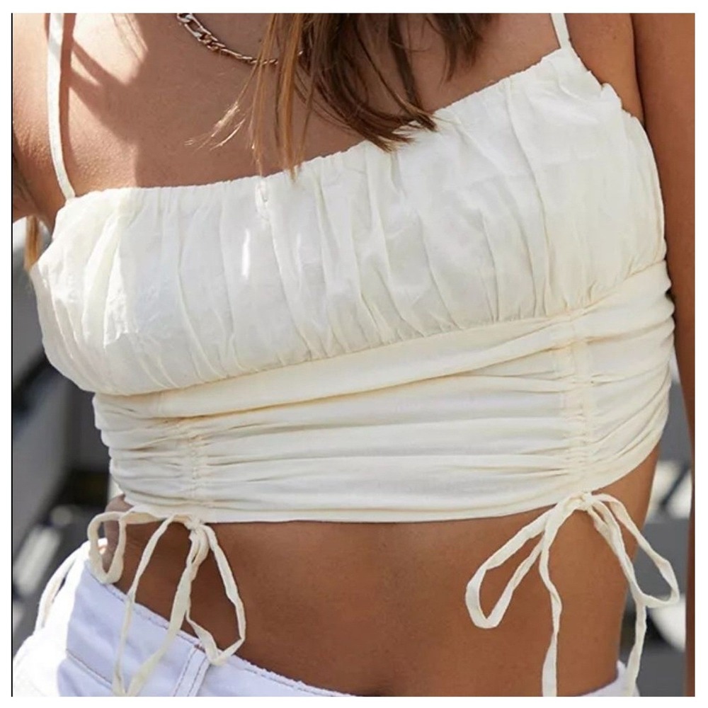 URBAN OUTFITTER CROP baby yellow tie front tank top Sz S Deja Ruched Cropped Top